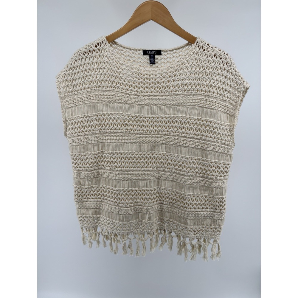 Chaps Ralph Lauren Crochet Fringe Short Sleeve Sweater Sz S/M Boho Festival‎